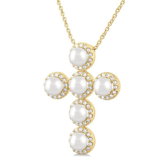 Cross Pearl & Halo Diamond Fashion Pendant
