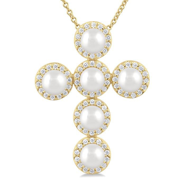 Cross Pearl & Halo Diamond Fashion Pendant