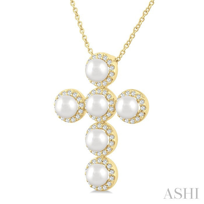 4 MM Cross Cultured Pearl and 1/3 Ctw Round Cut Diamond Fashion Pendant With Chain in 14K Yellow Gold