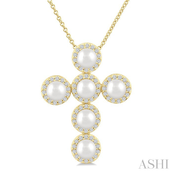4 MM Cross Cultured Pearl and 1/3 Ctw Round Cut Diamond Fashion Pendant With Chain in 14K Yellow Gold