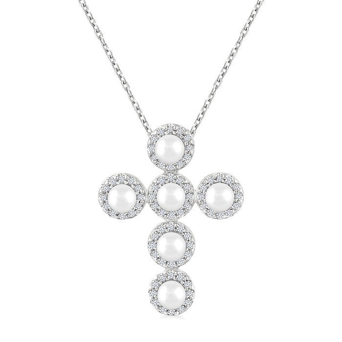 4 MM Cross Cultured Pearl and 1/4 Ctw Round Cut Diamond Pendant With Chain in 14K White Gold