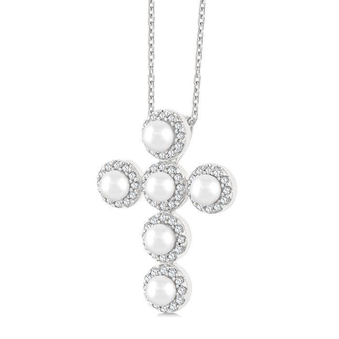 4 MM Cross Cultured Pearl and 1/4 Ctw Round Cut Diamond Pendant With Chain in 14K White Gold