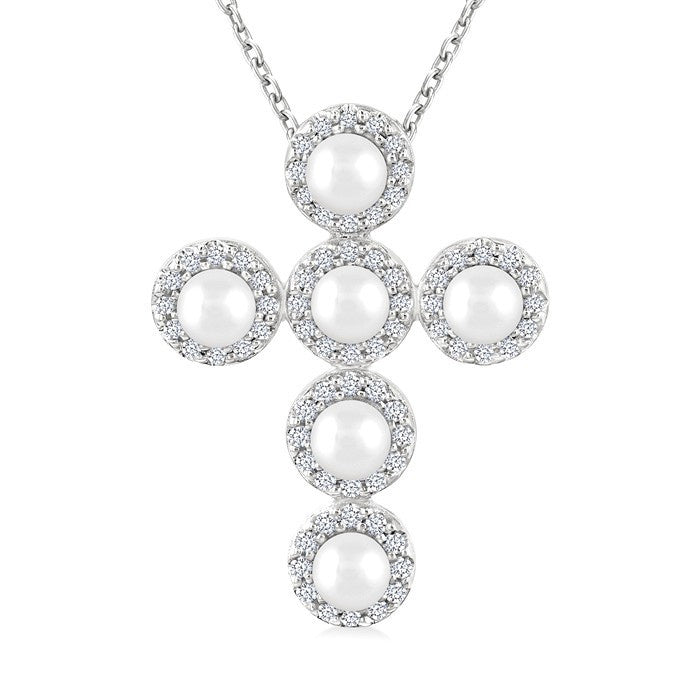 4 MM Cross Cultured Pearl and 1/4 Ctw Round Cut Diamond Pendant With Chain in 14K White Gold