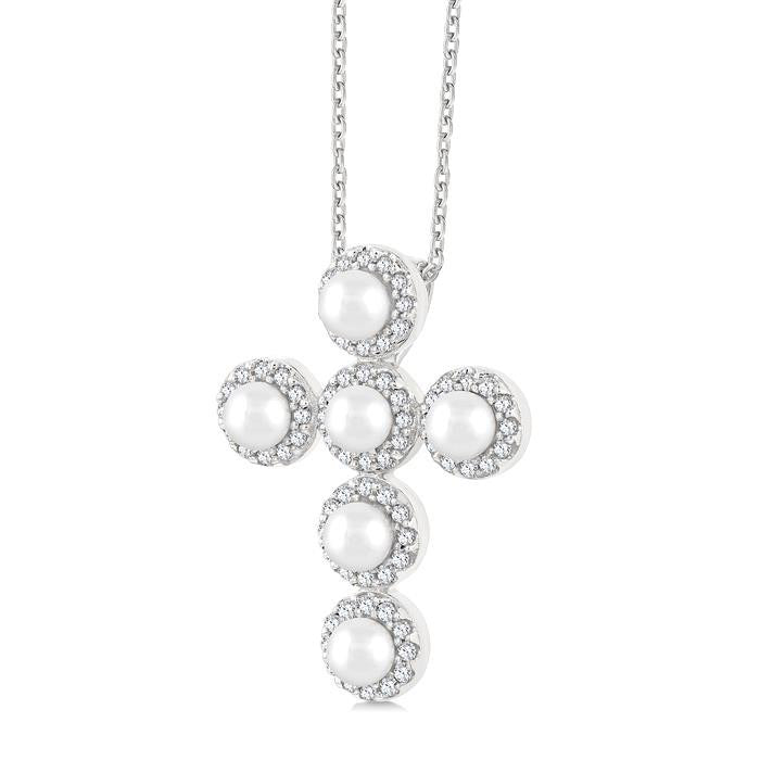 Cross Pearl & Halo Diamond Fashion Pendant