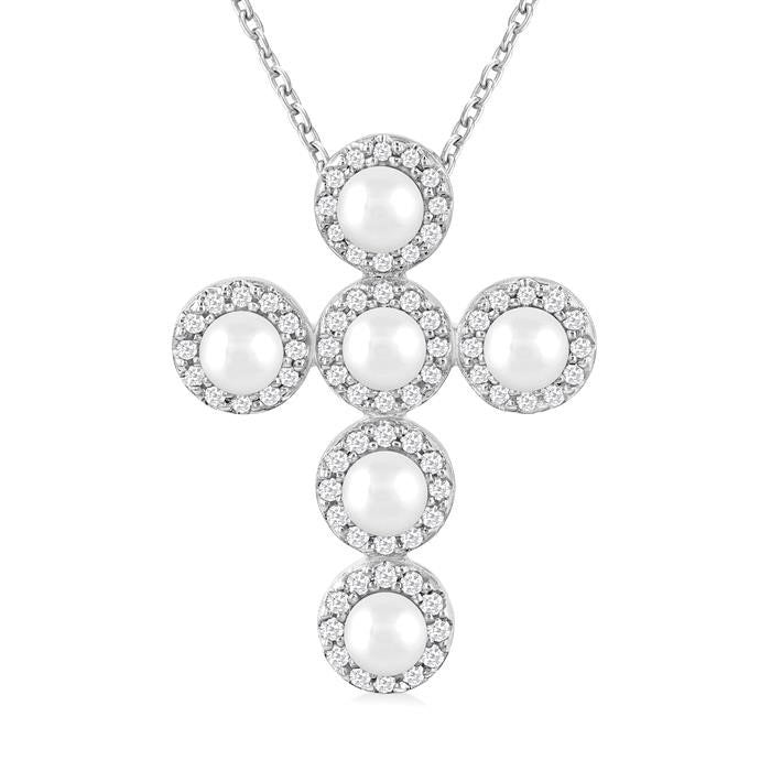 Cross Pearl & Halo Diamond Fashion Pendant