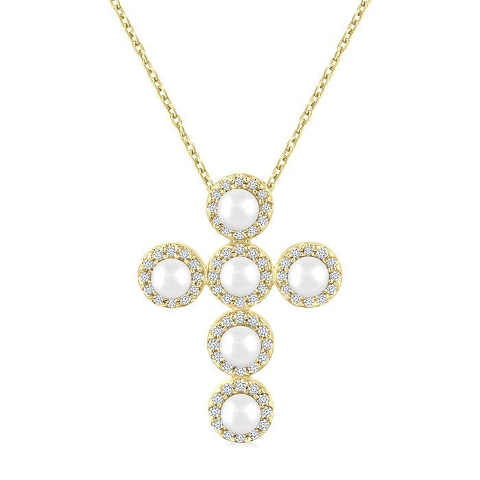 4 MM Round Shape Cultured Pearl and 1/4 Ctw Round Cut Diamond Cross Pendant With Chain in 14K Yellow Gold