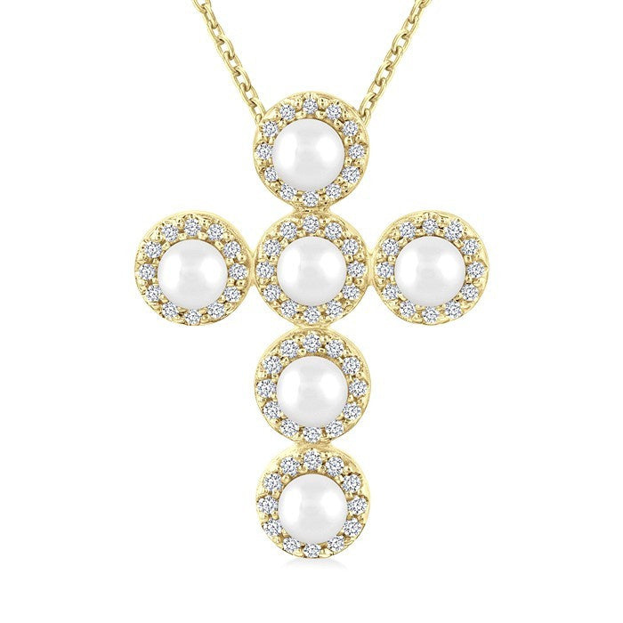4 MM Round Shape Cultured Pearl and 1/4 Ctw Round Cut Diamond Cross Pendant With Chain in 14K Yellow Gold