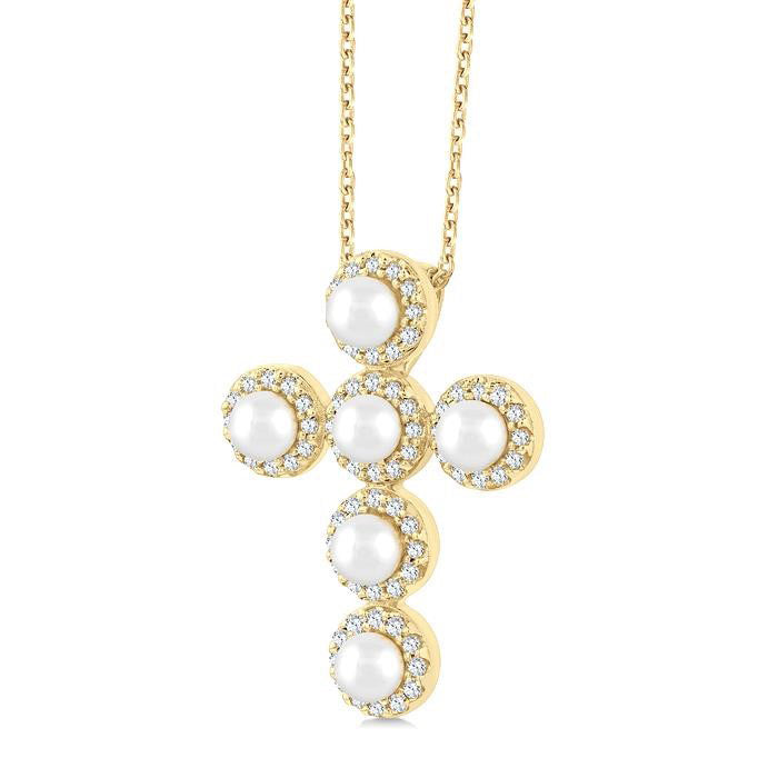 Cross Pearl & Halo Diamond Fashion Pendant