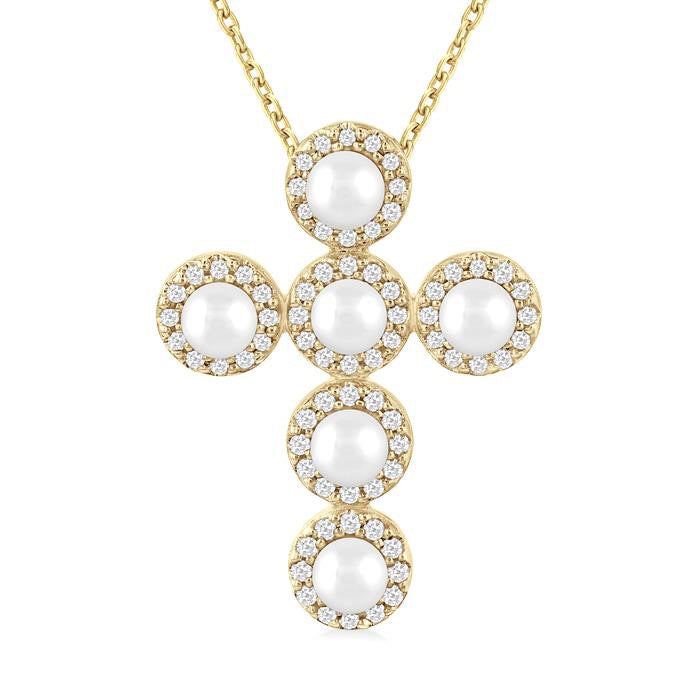 Cross Pearl & Halo Diamond Fashion Pendant