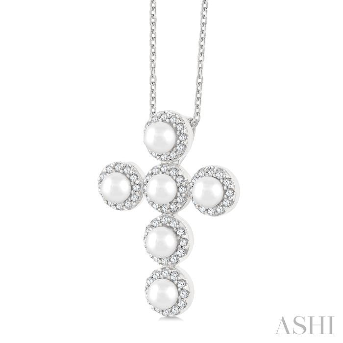4 MM Cross Cultured Pearl and 1/4 Ctw Round Cut Diamond Pendant With Chain in 14K White Gold