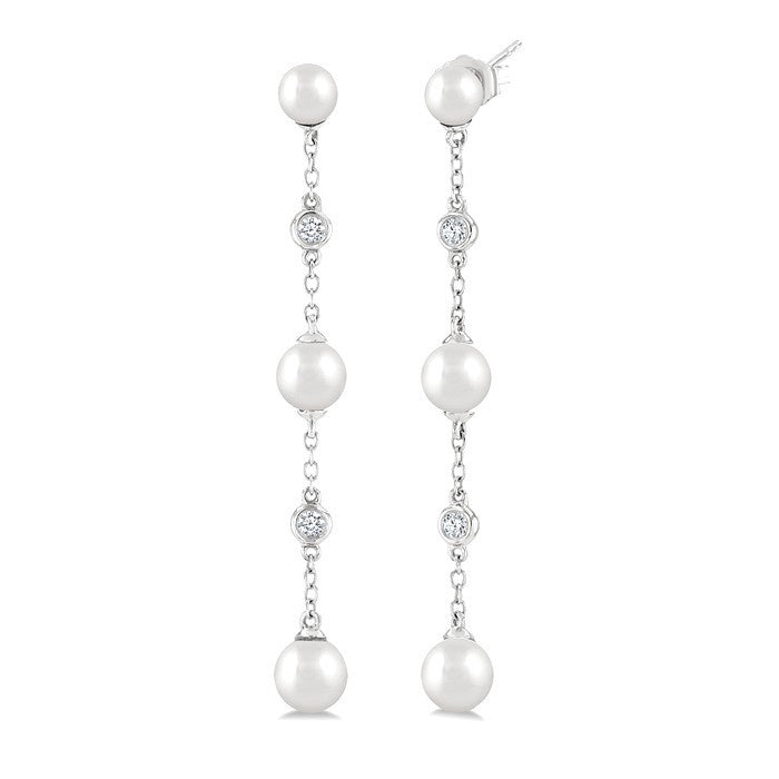 4 MM, 5 MM & 6 MM Round Shape Cultured Pearls and 1/10 Ctw Round Cut Diamond Station Long Earrings in 14K White Gold