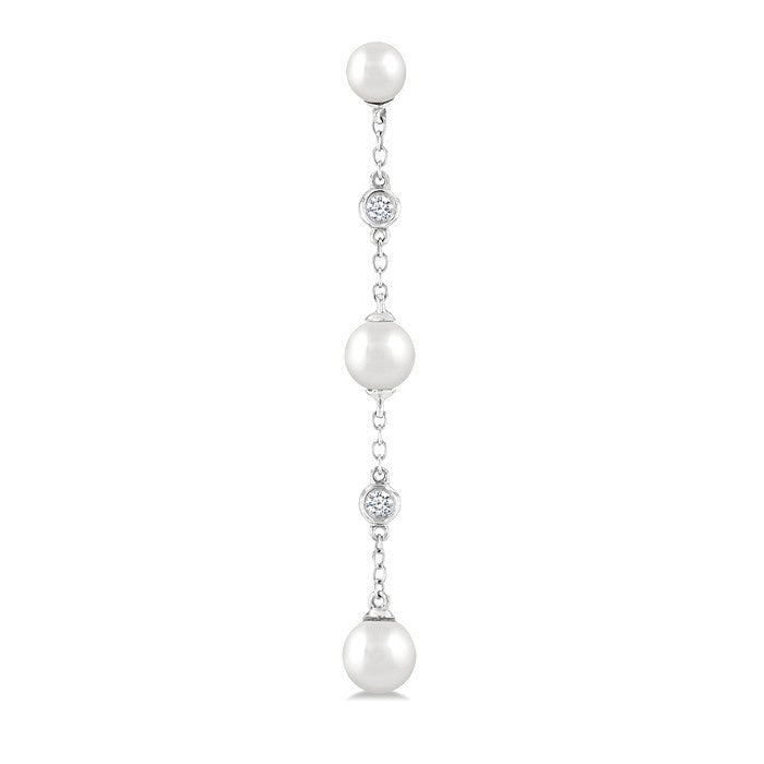 4 MM, 5 MM & 6 MM Round Shape Cultured Pearls and 1/10 Ctw Round Cut Diamond Station Long Earrings in 14K White Gold