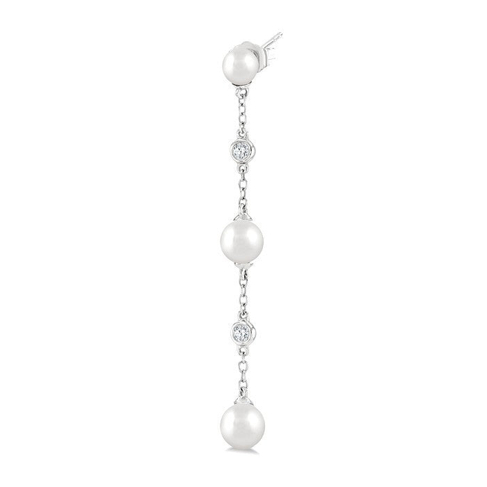 4 MM, 5 MM & 6 MM Round Shape Cultured Pearls and 1/10 Ctw Round Cut Diamond Station Long Earrings in 14K White Gold