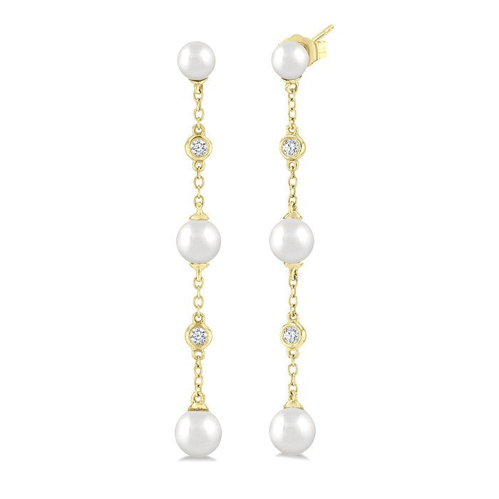 4 MM, 5 MM & 6 MM Round Shape Cultured Pearls and 1/10 Ctw Round Cut Diamond Station Long Earrings in 14K Yellow Gold