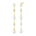 4 MM, 5 MM & 6 MM Round Shape Cultured Pearls and 1/10 Ctw Round Cut Diamond Station Long Earrings in 14K Yellow Gold