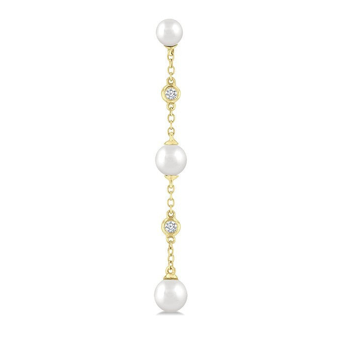 4 MM, 5 MM & 6 MM Round Shape Cultured Pearls and 1/10 Ctw Round Cut Diamond Station Long Earrings in 14K Yellow Gold