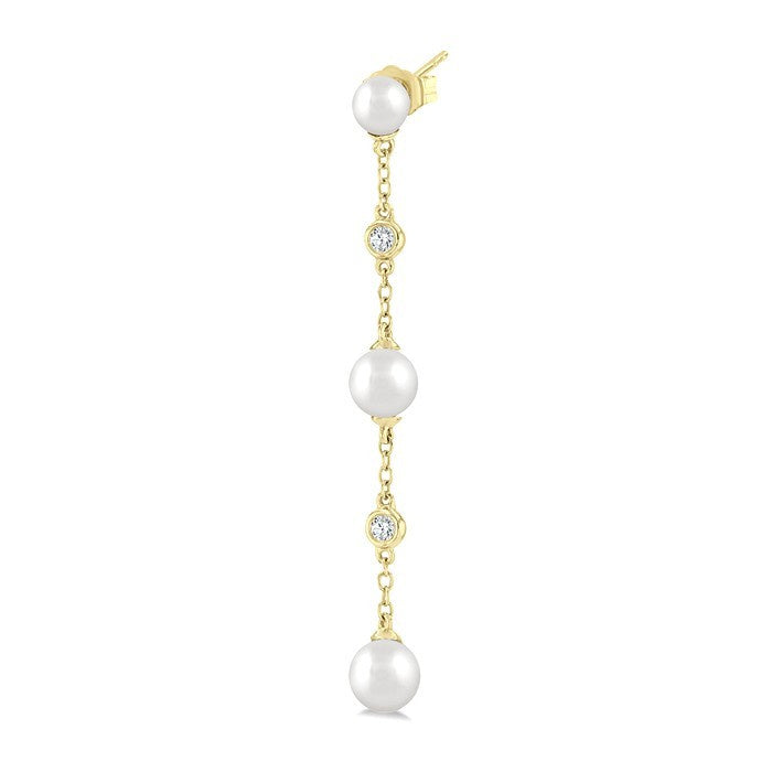 4 MM, 5 MM & 6 MM Round Shape Cultured Pearls and 1/10 Ctw Round Cut Diamond Station Long Earrings in 14K Yellow Gold