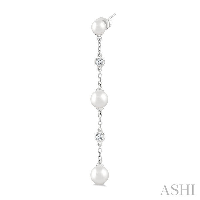 4 MM, 5 MM & 6 MM Round Shape Cultured Pearls and 1/10 Ctw Round Cut Diamond Station Long Earrings in 14K White Gold