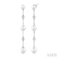 4 MM, 5 MM & 6 MM Round Shape Cultured Pearls and 1/10 Ctw Round Cut Diamond Station Long Earrings in 14K White Gold