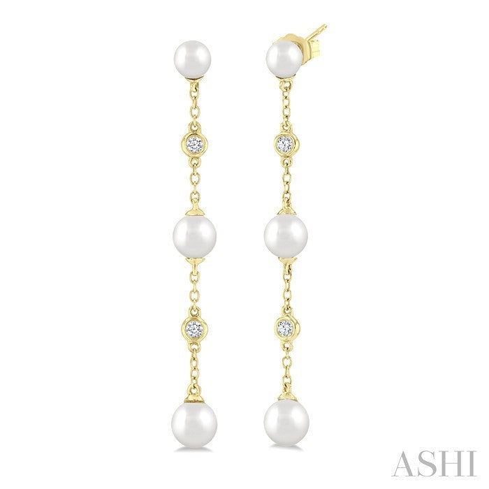 4 MM, 5 MM & 6 MM Round Shape Cultured Pearls and 1/10 Ctw Round Cut Diamond Station Long Earrings in 14K Yellow Gold