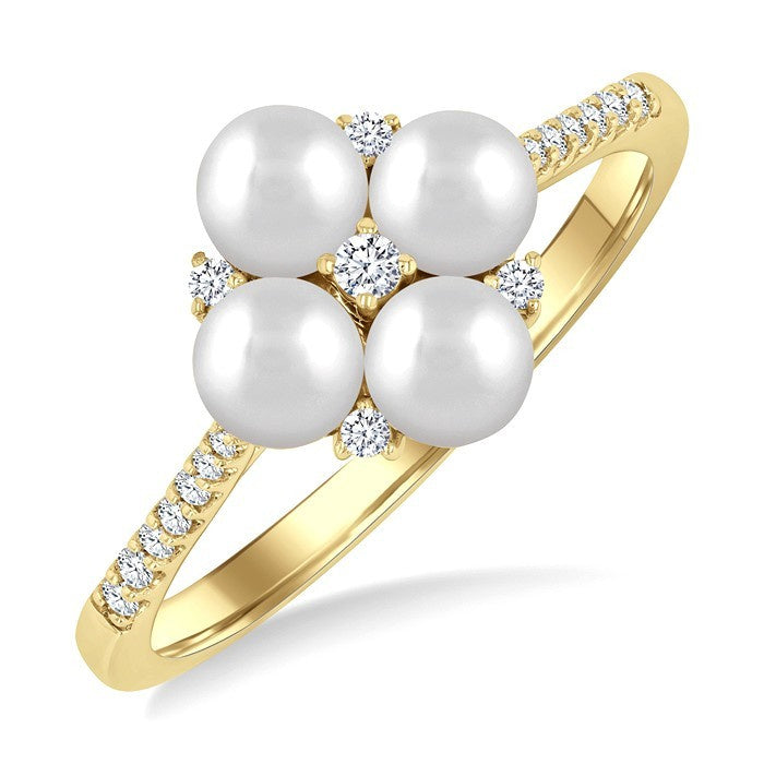 4 MM Floral Center Round Shape Cultured Pearl and 1/8 Ctw Round Cut Diamond Fashion Ring in 10K Yellow Gold