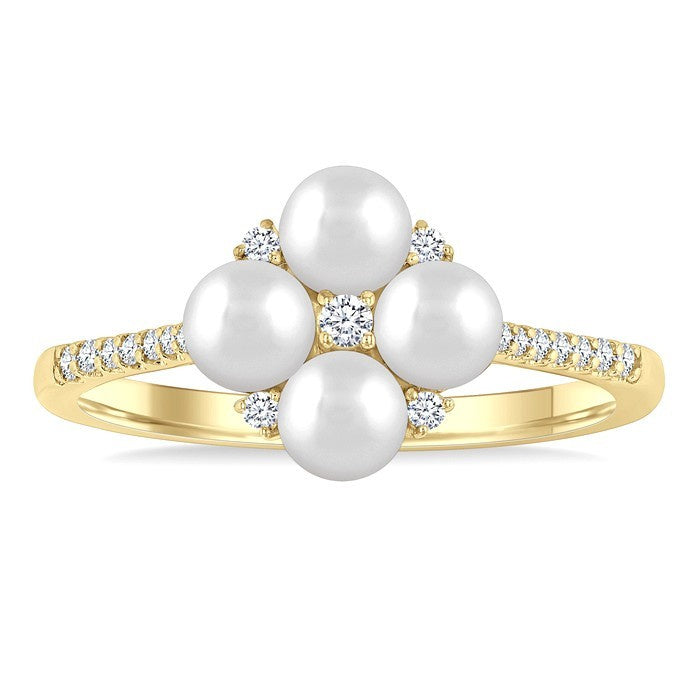 4 MM Floral Center Round Shape Cultured Pearl and 1/8 Ctw Round Cut Diamond Fashion Ring in 10K Yellow Gold