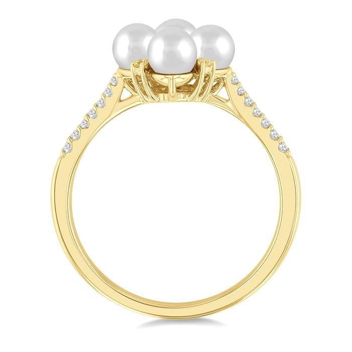 4 MM Floral Center Round Shape Cultured Pearl and 1/8 Ctw Round Cut Diamond Fashion Ring in 10K Yellow Gold