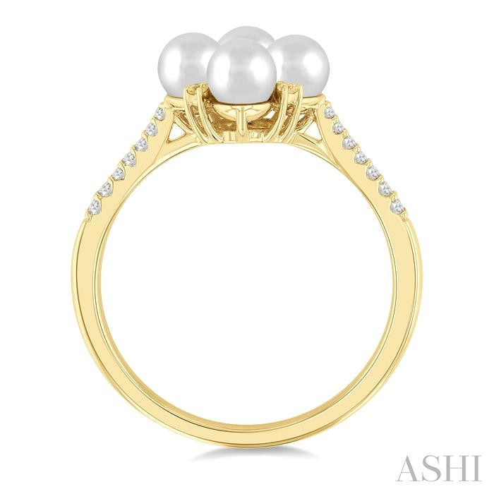4 MM Floral Center Round Shape Cultured Pearl and 1/8 Ctw Round Cut Diamond Fashion Ring in 10K Yellow Gold