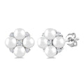 3 MM Floral Round Shape Cultured Pearl and 1/20 Ctw Round Cut Diamond Fashion Stud Earrings in 10K White Gold