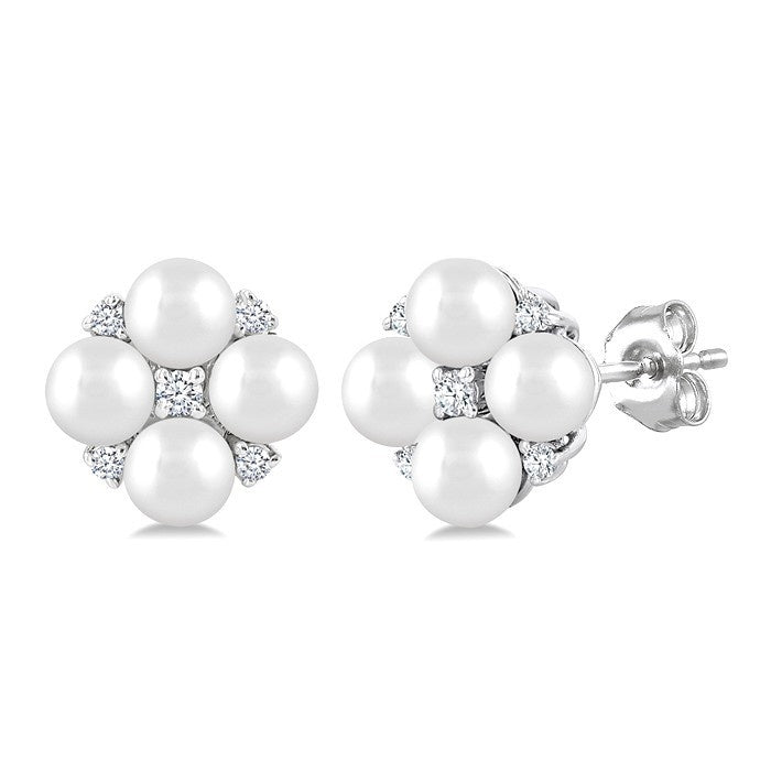 3 MM Floral Round Shape Cultured Pearl and 1/20 Ctw Round Cut Diamond Fashion Stud Earrings in 10K White Gold