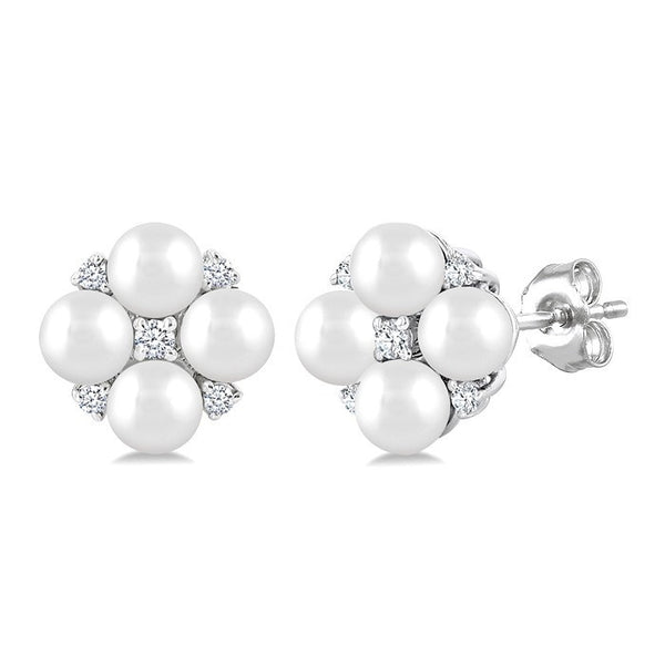 3 MM Floral Round Shape Cultured Pearl and 1/20 Ctw Round Cut Diamond Fashion Stud Earrings in 10K White Gold