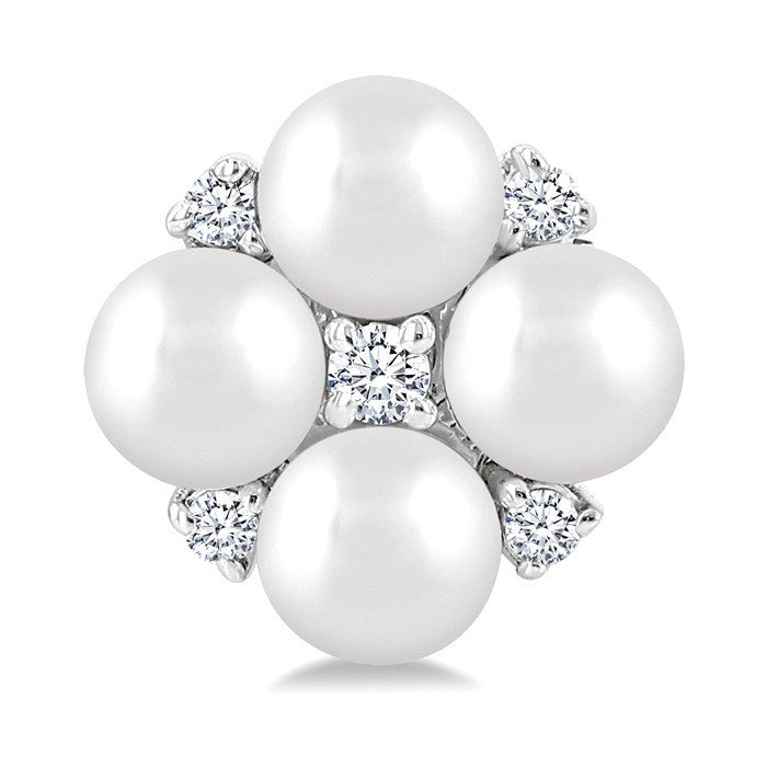 3 MM Floral Round Shape Cultured Pearl and 1/20 Ctw Round Cut Diamond Fashion Stud Earrings in 10K White Gold