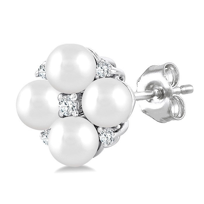 3 MM Floral Round Shape Cultured Pearl and 1/20 Ctw Round Cut Diamond Fashion Stud Earrings in 10K White Gold