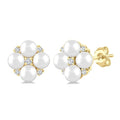3 MM Floral Round Shape Cultured Pearl and 1/20 Ctw Round Cut Diamond Fashion Stud Earrings in 10K Yellow Gold