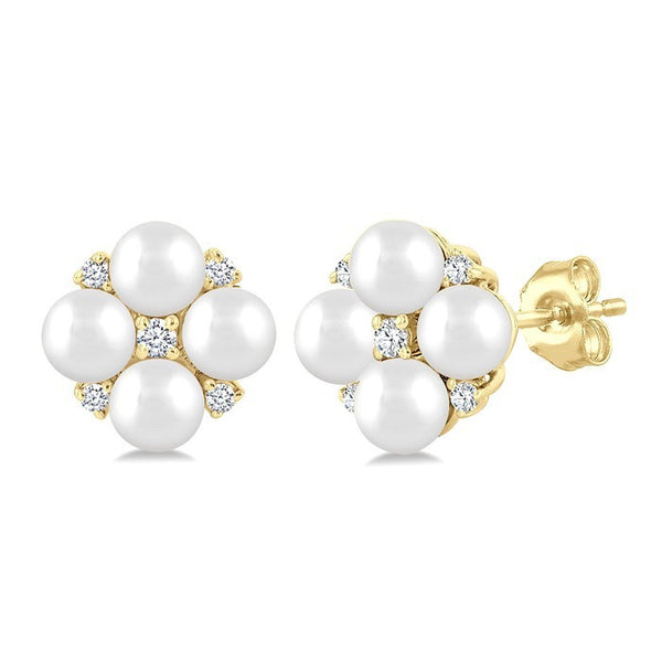 3 MM Floral Round Shape Cultured Pearl and 1/20 Ctw Round Cut Diamond Fashion Stud Earrings in 10K Yellow Gold