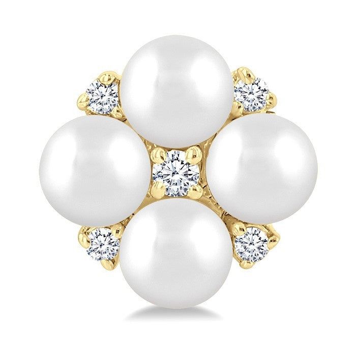 3 MM Floral Round Shape Cultured Pearl and 1/20 Ctw Round Cut Diamond Fashion Stud Earrings in 10K Yellow Gold