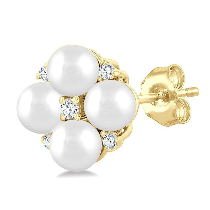 3 MM Floral Round Shape Cultured Pearl and 1/20 Ctw Round Cut Diamond Fashion Stud Earrings in 10K Yellow Gold