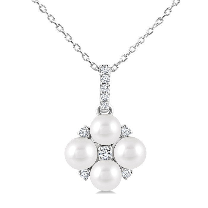 4 MM Floral Round Shape Cultured Pearl and 1/10 Ctw Round Cut Diamond Fashion Pendant With Chain in 10K White Gold