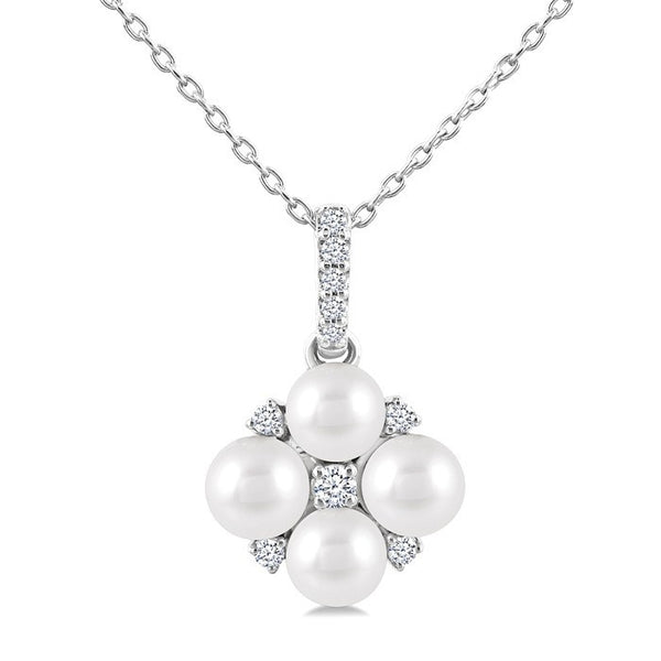 4 MM Floral Round Shape Cultured Pearl and 1/10 Ctw Round Cut Diamond Fashion Pendant With Chain in 10K White Gold