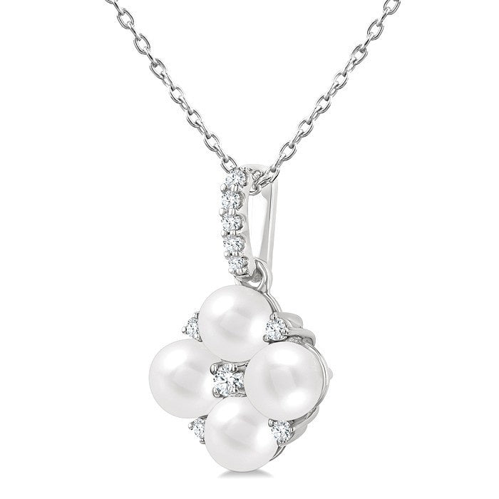 4 MM Floral Round Shape Cultured Pearl and 1/10 Ctw Round Cut Diamond Fashion Pendant With Chain in 10K White Gold