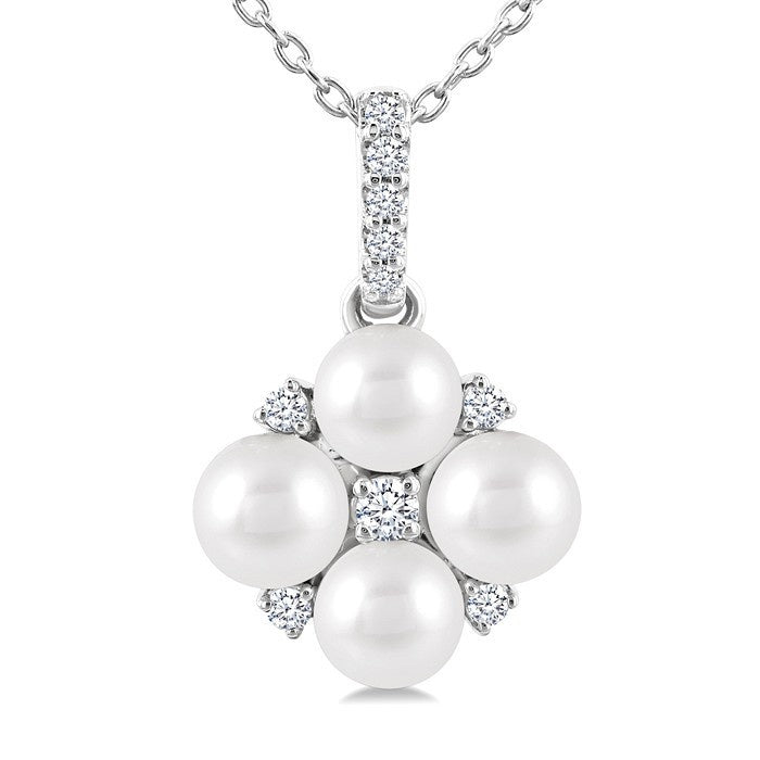 4 MM Floral Round Shape Cultured Pearl and 1/10 Ctw Round Cut Diamond Fashion Pendant With Chain in 10K White Gold