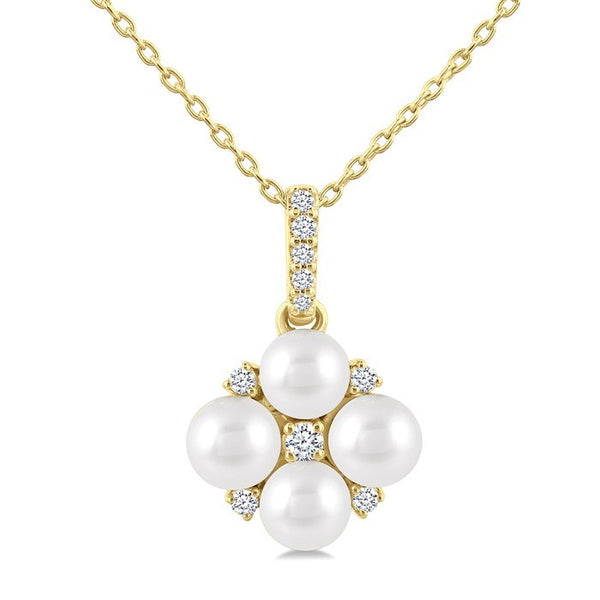 4 MM Floral Round Shape Cultured Pearl and 1/10 Ctw Round Cut Diamond Fashion Pendant With Chain in 10K Yellow Gold