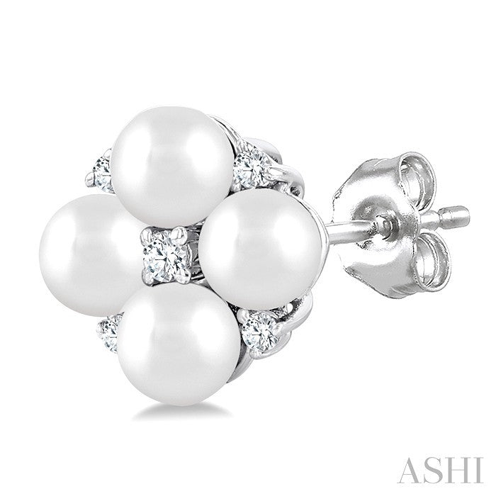 3 MM Floral Round Shape Cultured Pearl and 1/20 Ctw Round Cut Diamond Fashion Stud Earrings in 10K White Gold