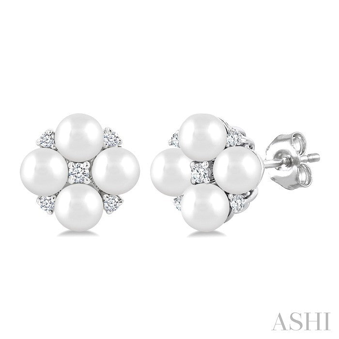 3 MM Floral Round Shape Cultured Pearl and 1/20 Ctw Round Cut Diamond Fashion Stud Earrings in 10K White Gold
