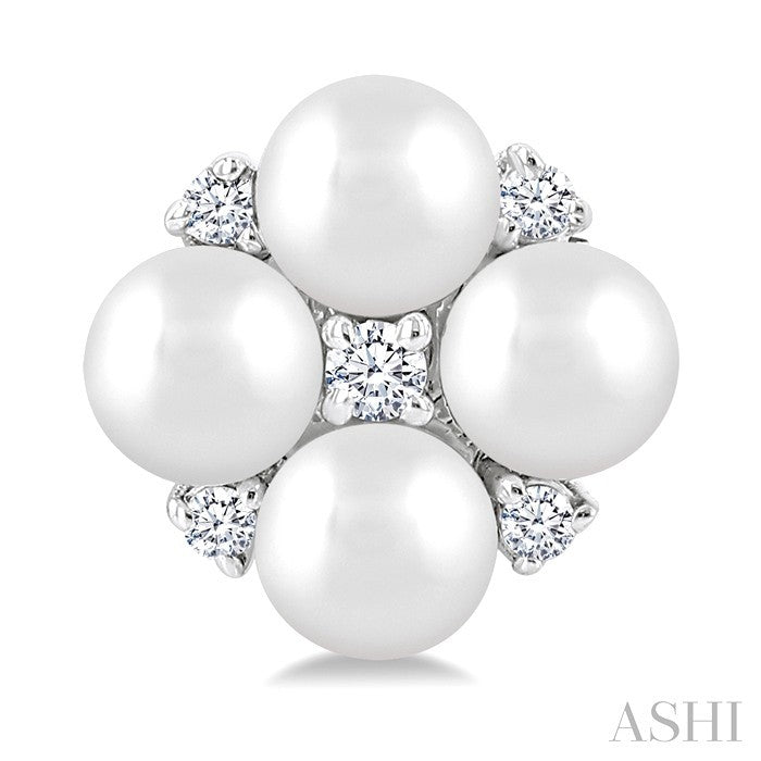 3 MM Floral Round Shape Cultured Pearl and 1/20 Ctw Round Cut Diamond Fashion Stud Earrings in 10K White Gold