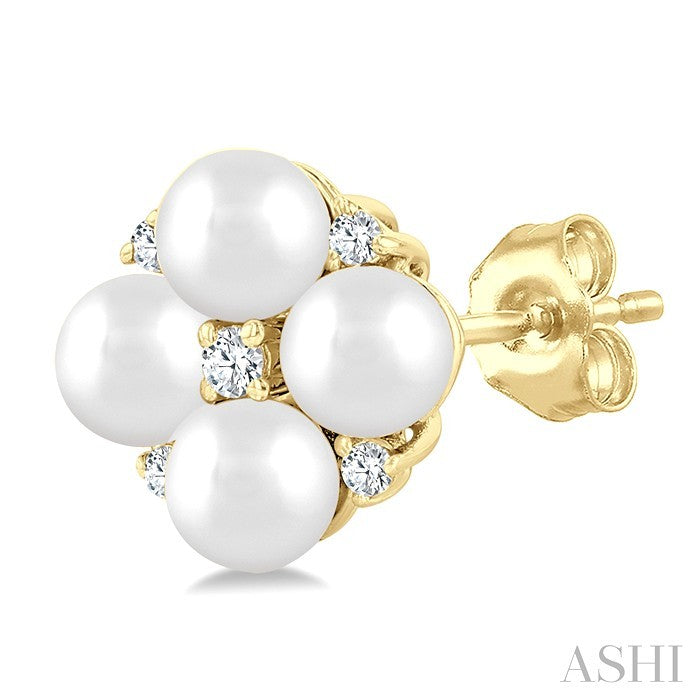 3 MM Floral Round Shape Cultured Pearl and 1/20 Ctw Round Cut Diamond Fashion Stud Earrings in 10K Yellow Gold