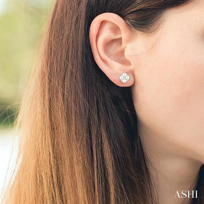 3 MM Floral Round Shape Cultured Pearl and 1/20 Ctw Round Cut Diamond Fashion Stud Earrings in 10K Yellow Gold
