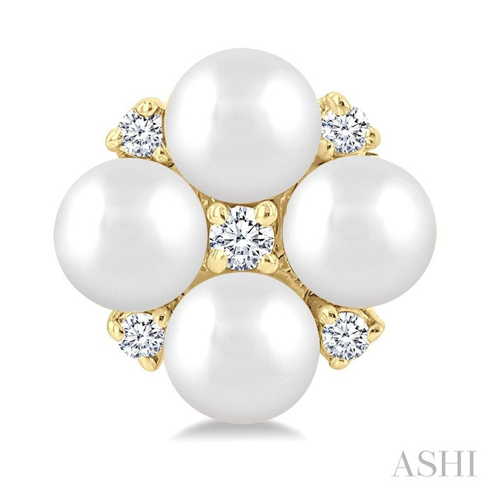3 MM Floral Round Shape Cultured Pearl and 1/20 Ctw Round Cut Diamond Fashion Stud Earrings in 10K Yellow Gold