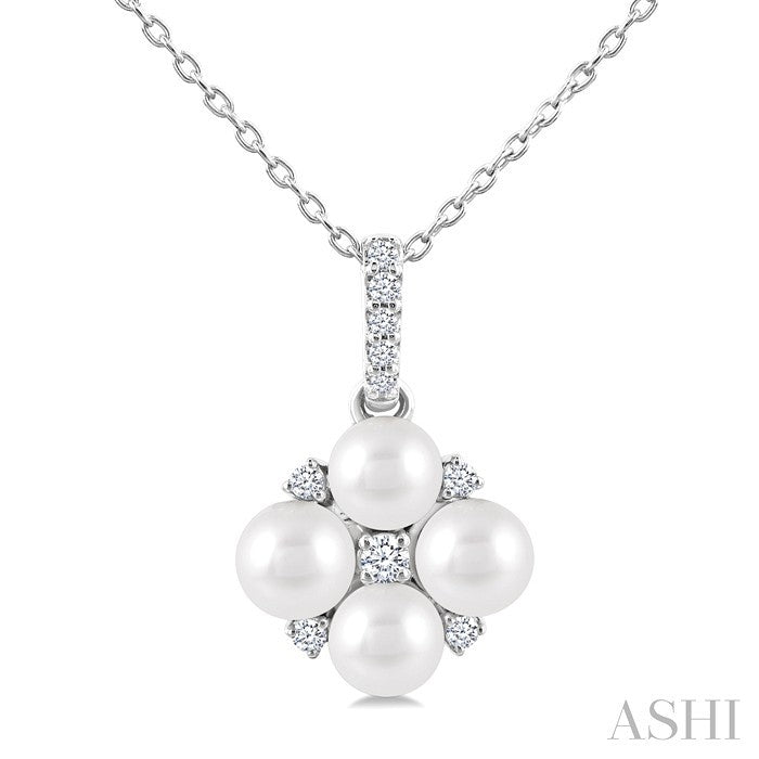 4 MM Floral Round Shape Cultured Pearl and 1/10 Ctw Round Cut Diamond Fashion Pendant With Chain in 10K White Gold