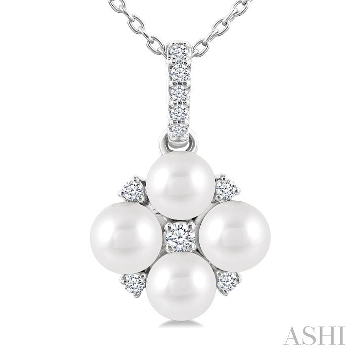 4 MM Floral Round Shape Cultured Pearl and 1/10 Ctw Round Cut Diamond Fashion Pendant With Chain in 10K White Gold